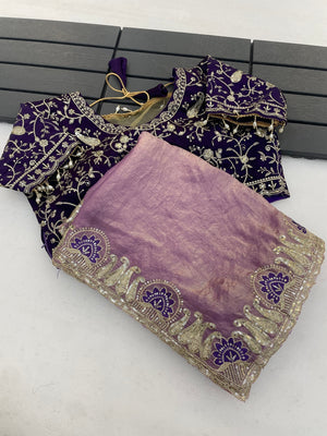 Peachmode Lavender Embroidered Fendy Satin Silk Saree With Stitched Blouse - Image 1