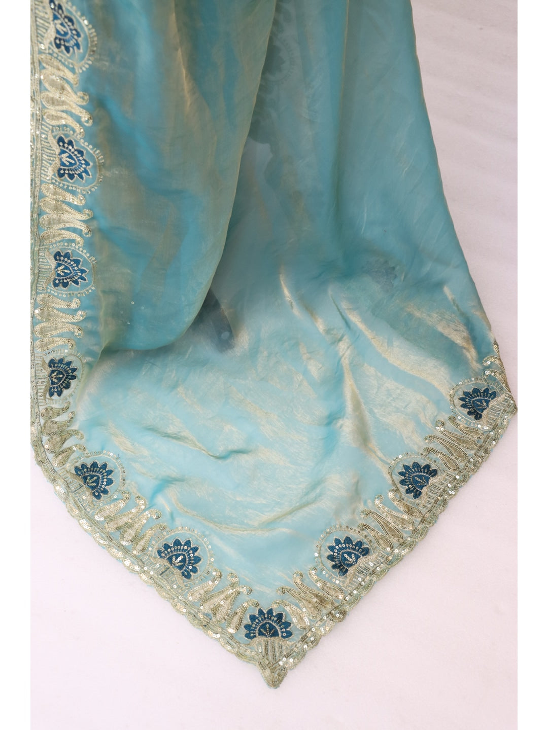 Peachmode Sky Blue Embroidered Fendy Satin Silk Saree With Stitched Blouse - Image 2