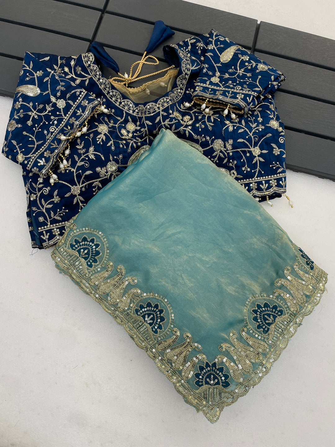 Peachmode Sky Blue Embroidered Fendy Satin Silk Saree With Stitched Blouse - Image 3