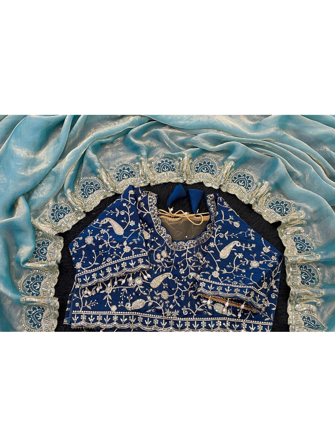 Peachmode Sky Blue Embroidered Fendy Satin Silk Saree With Stitched Blouse - Image 5