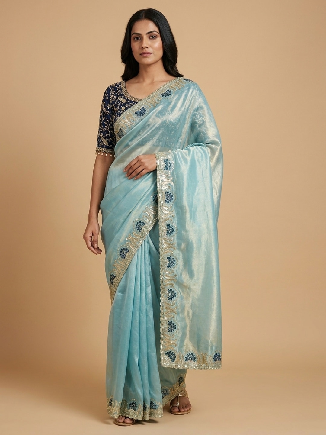 Peachmode Sky Blue Embroidered Fendy Satin Silk Saree With Stitched Blouse - Image 1