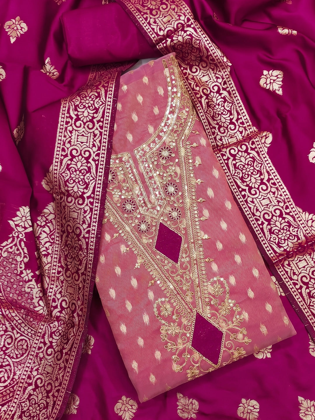 Peachmode Pink Embroidered Shimmer Jacquard Dress Material - Image 1