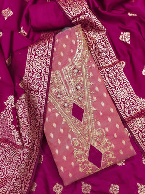 Peachmode Pink Embroidered Shimmer Jacquard Dress Material - Image 1
