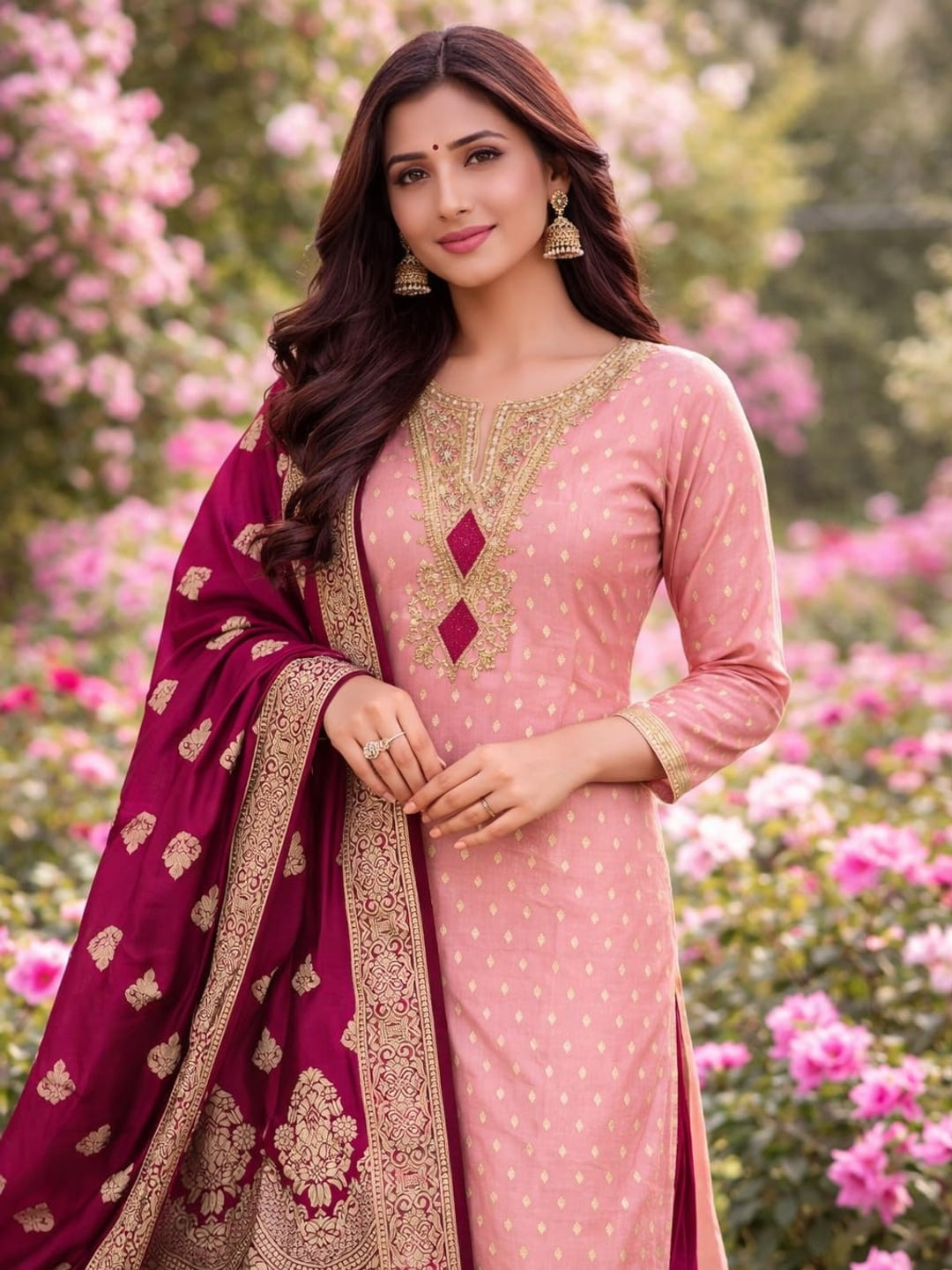 Peachmode Pink Embroidered Shimmer Jacquard Dress Material - Image 2