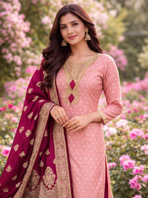 Peachmode Pink Embroidered Shimmer Jacquard Dress Material - Image 2