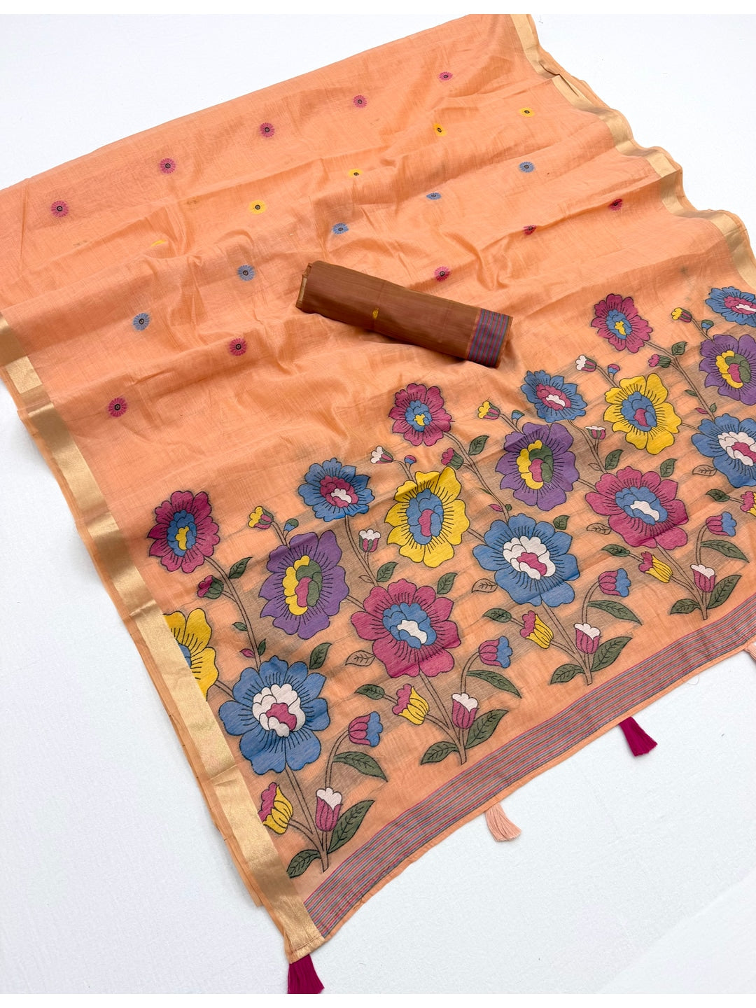 Peachmode Peach Woven Cotton Blend Saree - Image 1