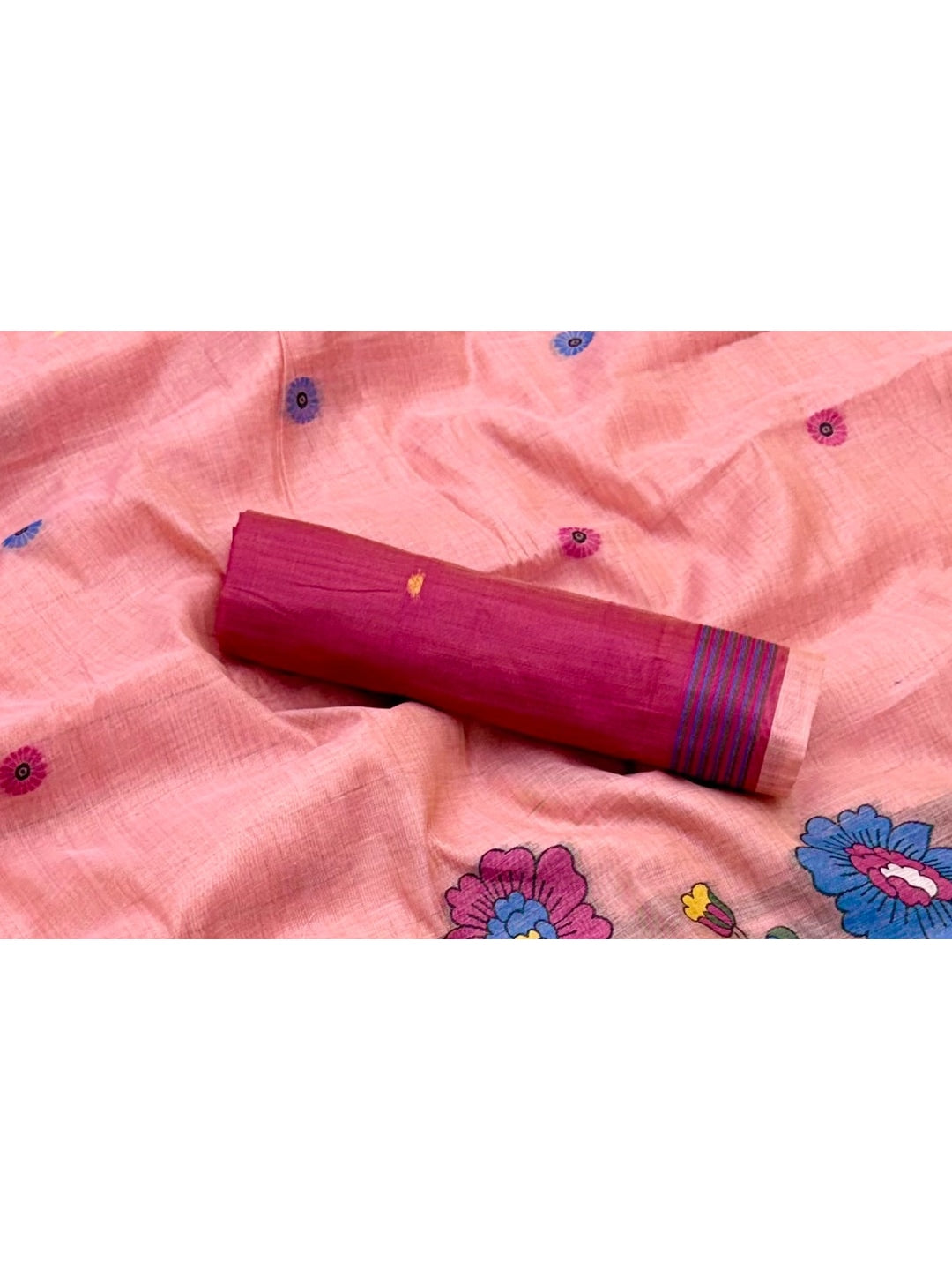 Peachmode Pink Woven Cotton Blend Saree - Image 5