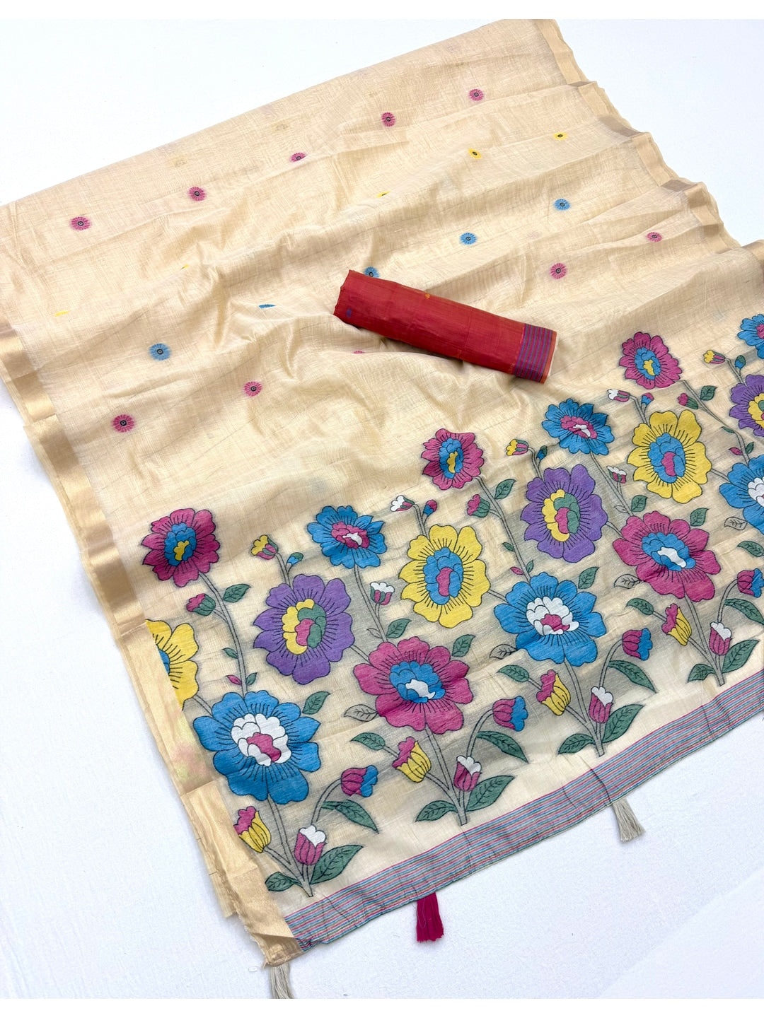 Peachmode Cream Woven Cotton Blend Saree - Image 1