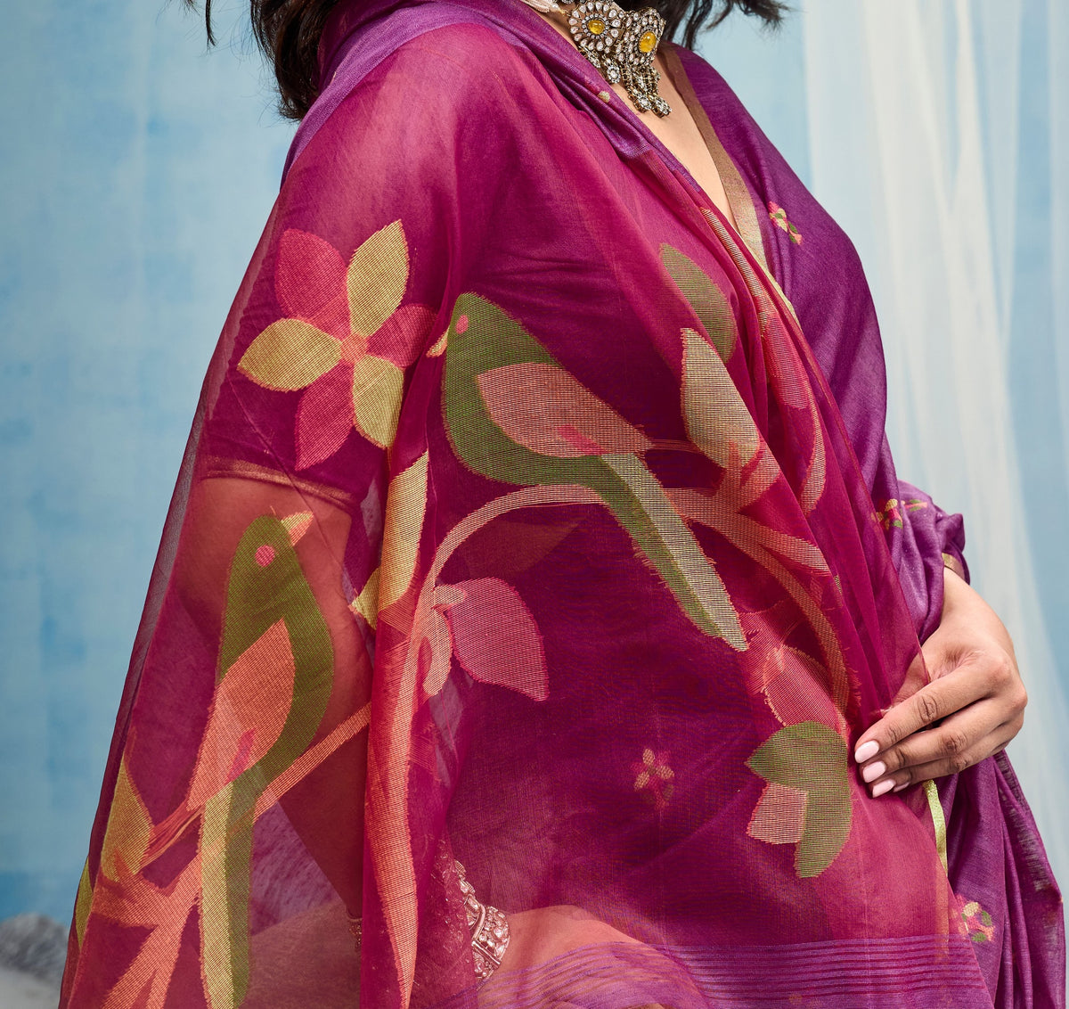 Peachmode Purple Munga Cotton Handloom Woven Saree - Image 4