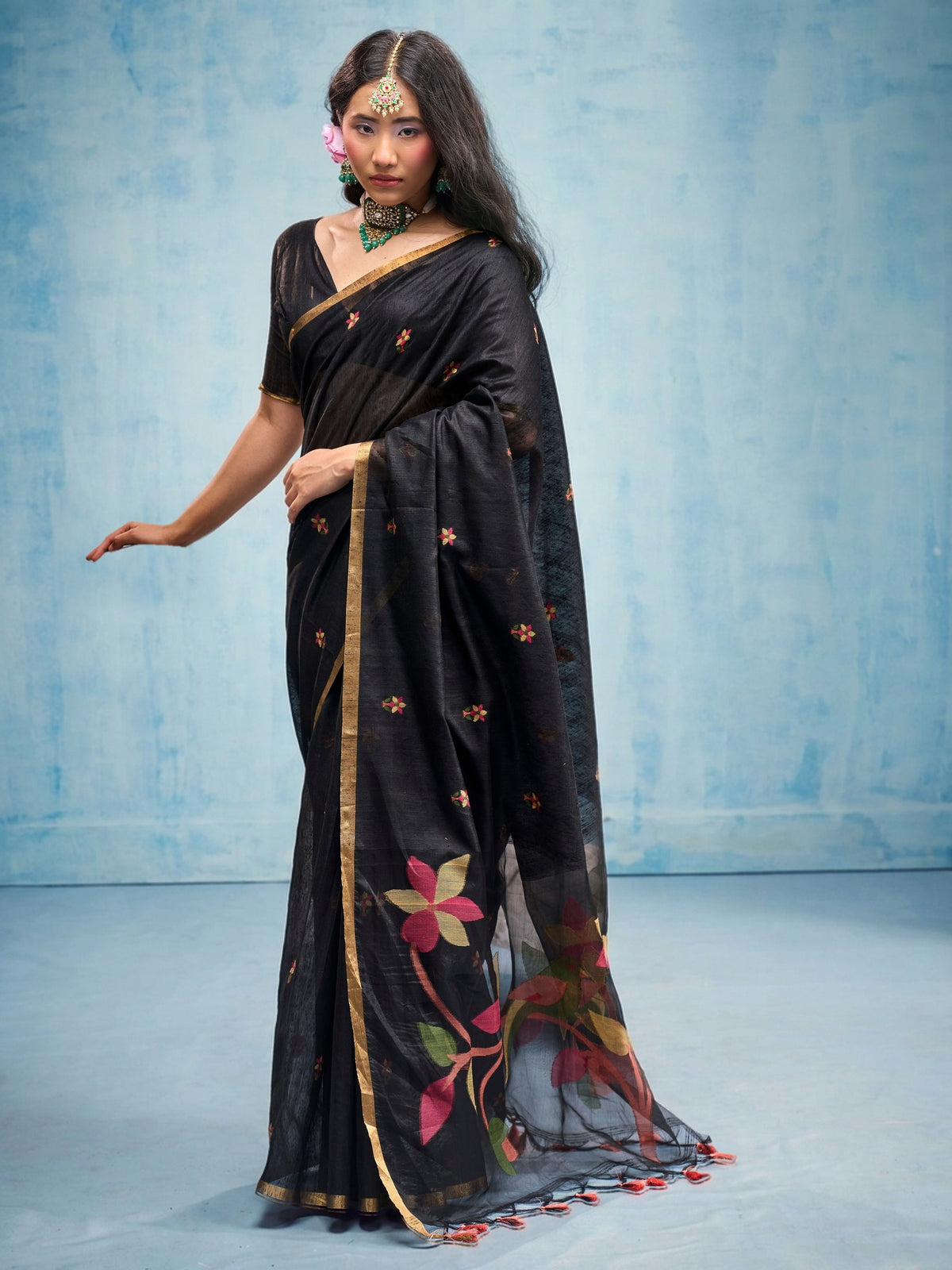 Peachmode Black Munga Cotton Handloom Woven Saree - Image 1