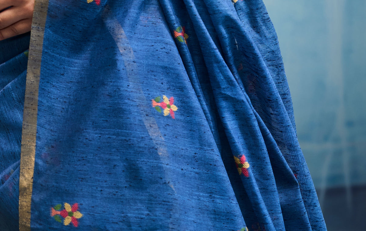 Peachmode Blue Munga Cotton Handloom Woven Saree - Image 5