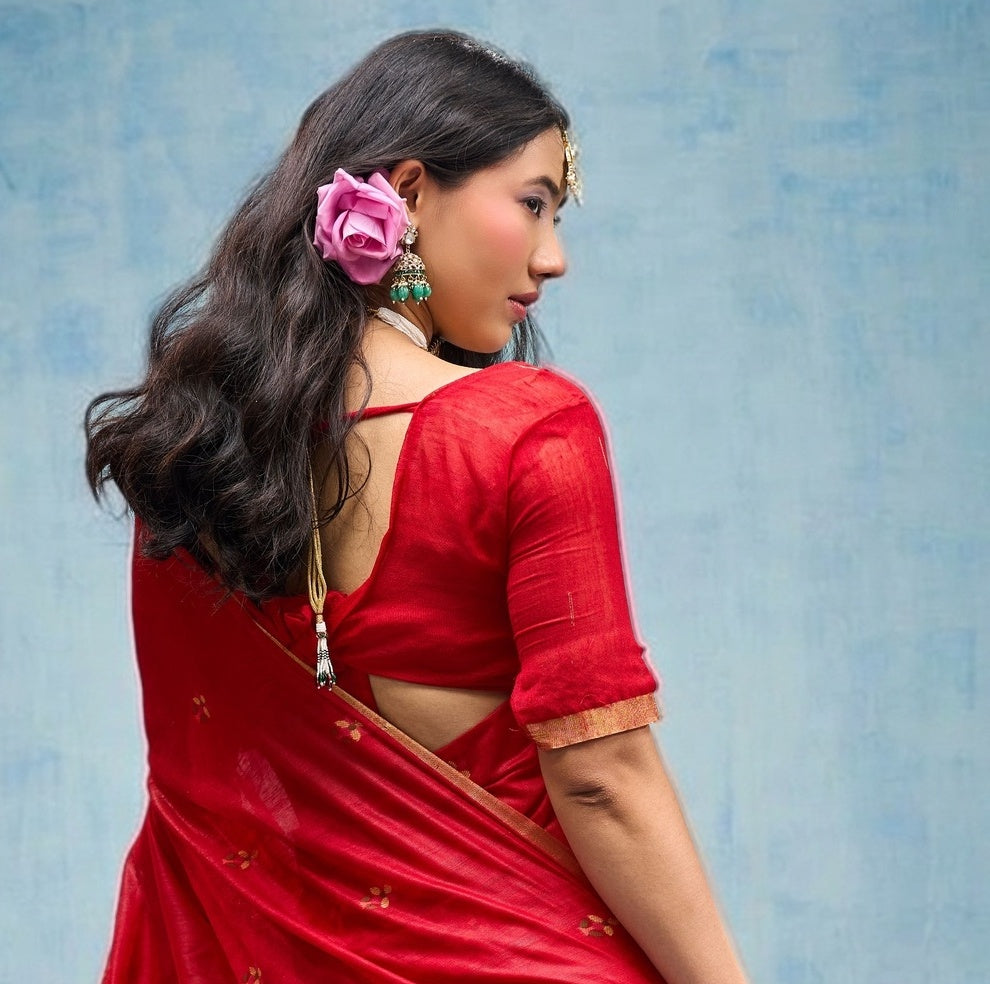 Peachmode Red Munga Cotton Handloom Woven Saree - Image 2