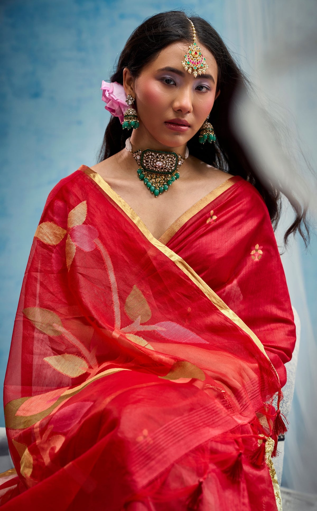Peachmode Red Munga Cotton Handloom Woven Saree - Image 4