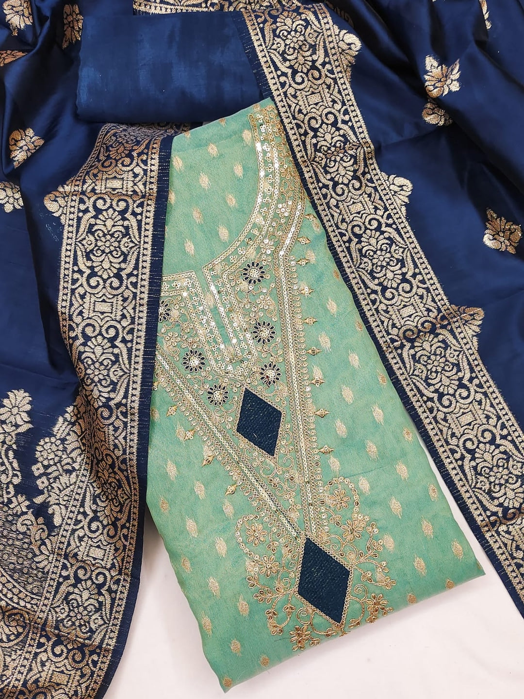 Peachmode Turquoise Embroidered Shimmer Jacquard Dress Material - Image 1