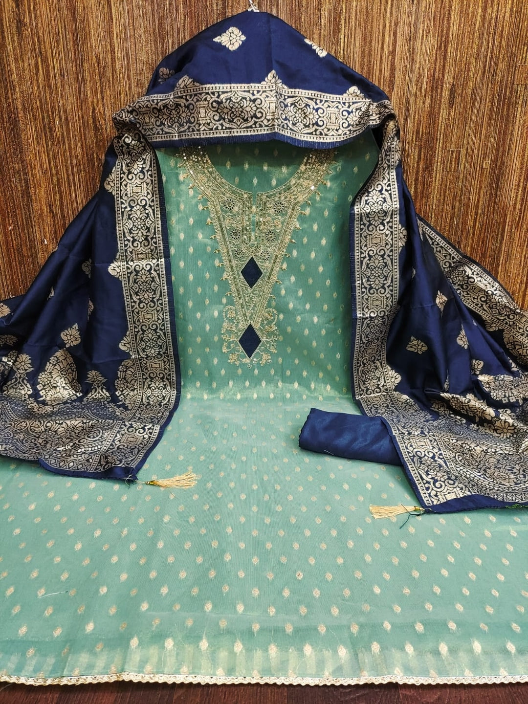 Peachmode Turquoise Embroidered Shimmer Jacquard Dress Material - Image 3
