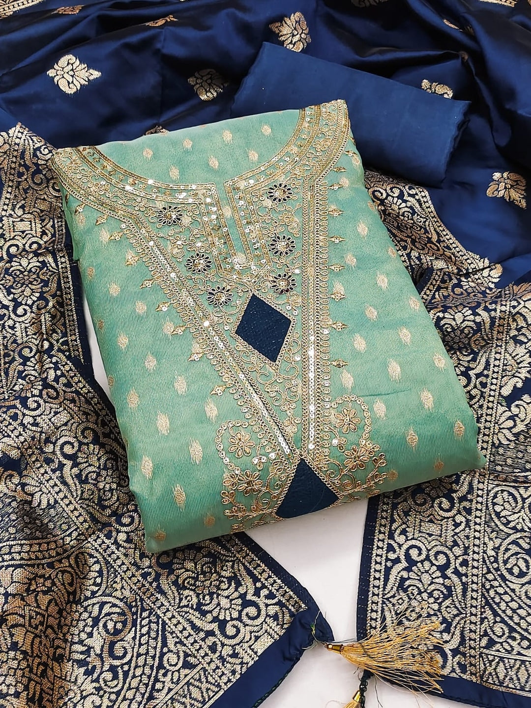Peachmode Turquoise Embroidered Shimmer Jacquard Dress Material - Image 4