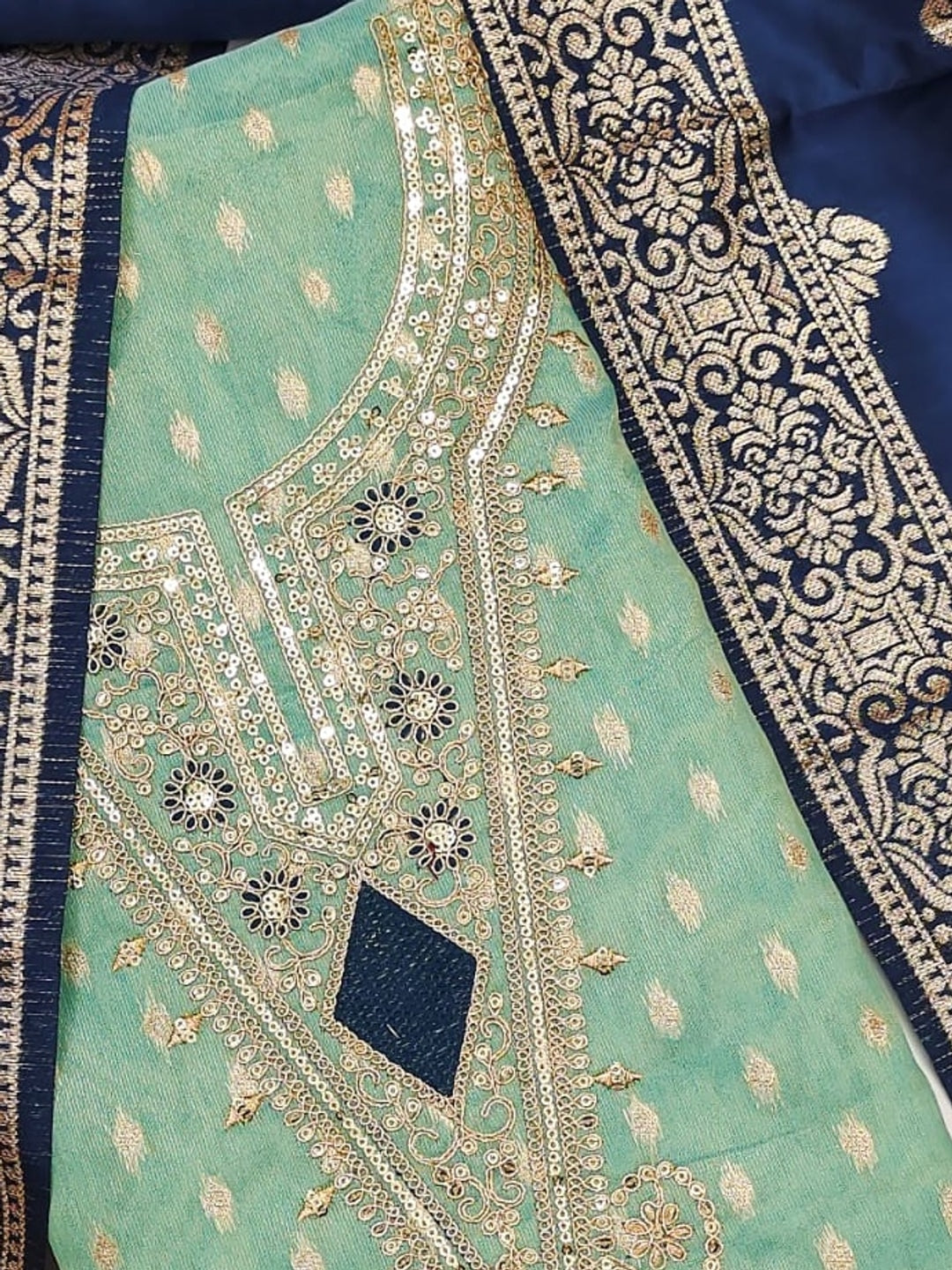 Peachmode Turquoise Embroidered Shimmer Jacquard Dress Material - Image 5
