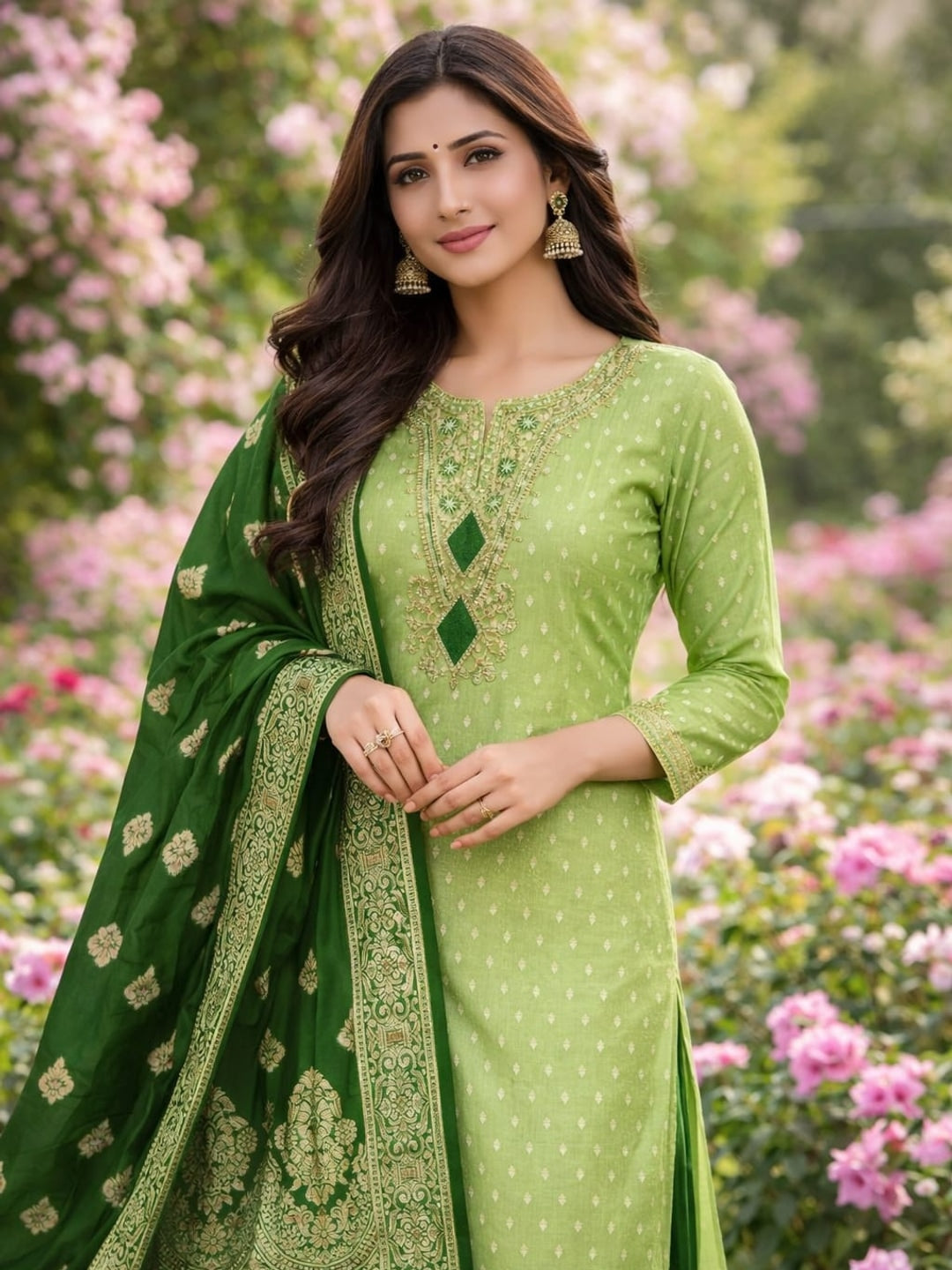 Peachmode Green Embroidered Shimmer Jacquard Dress Material - Image 2