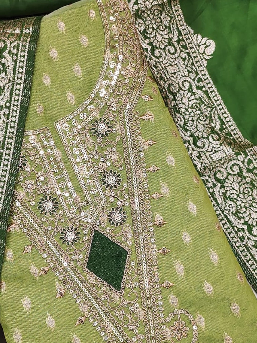 Peachmode Green Embroidered Shimmer Jacquard Dress Material - Image 5