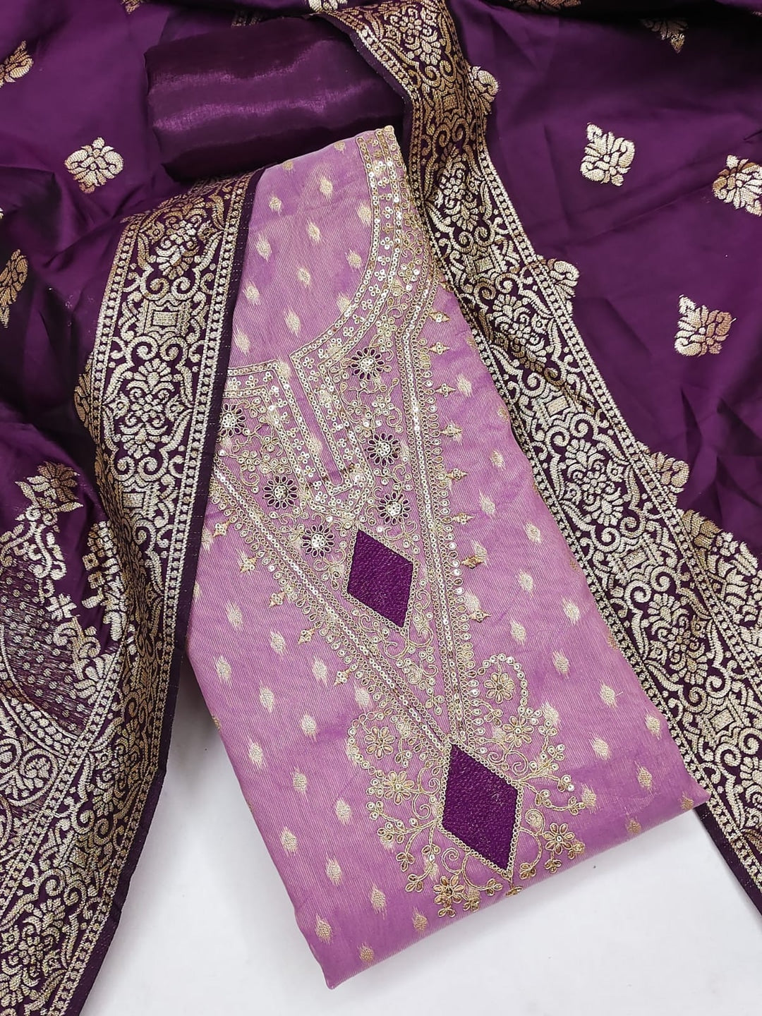 Peachmode Purple Embroidered Shimmer Jacquard Dress Material - Image 1