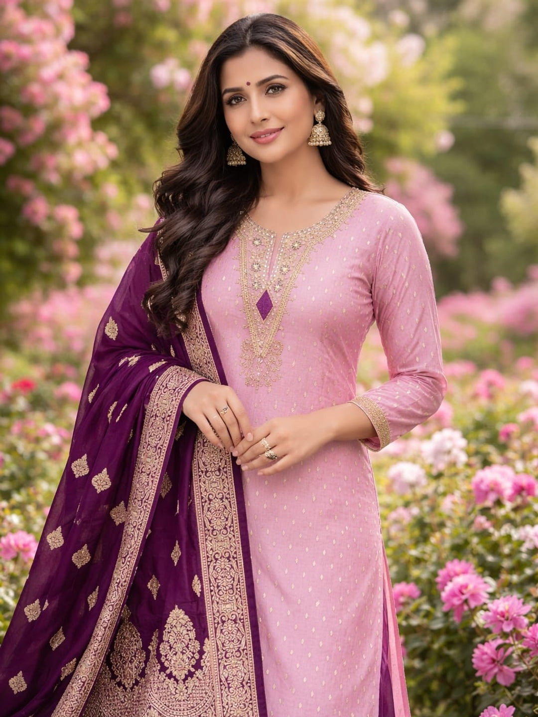 Peachmode Purple Embroidered Shimmer Jacquard Dress Material - Image 2