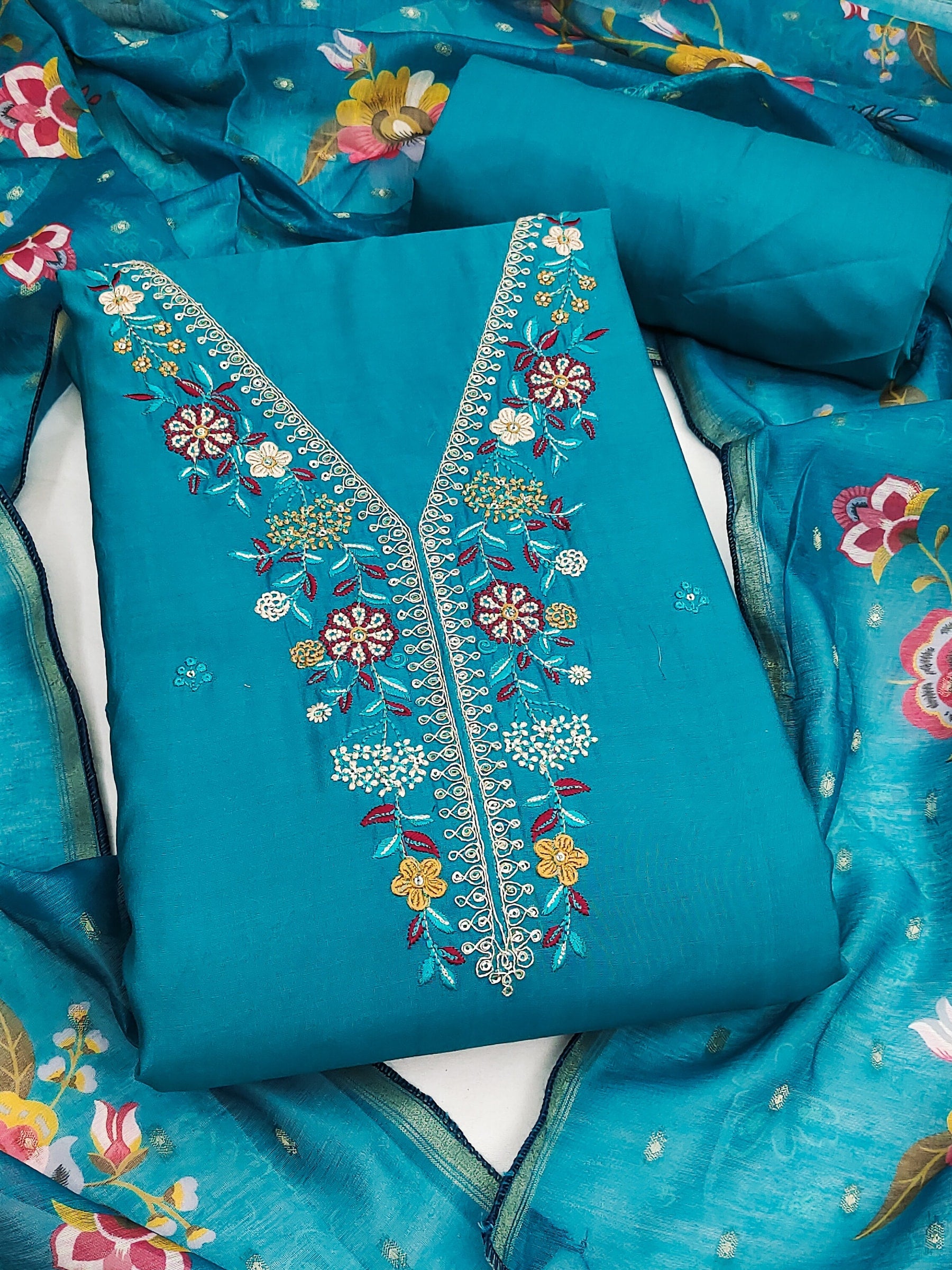 Peachmode Turquoise Floral Embroidered Chanderi Silk Dress Material - Image 1