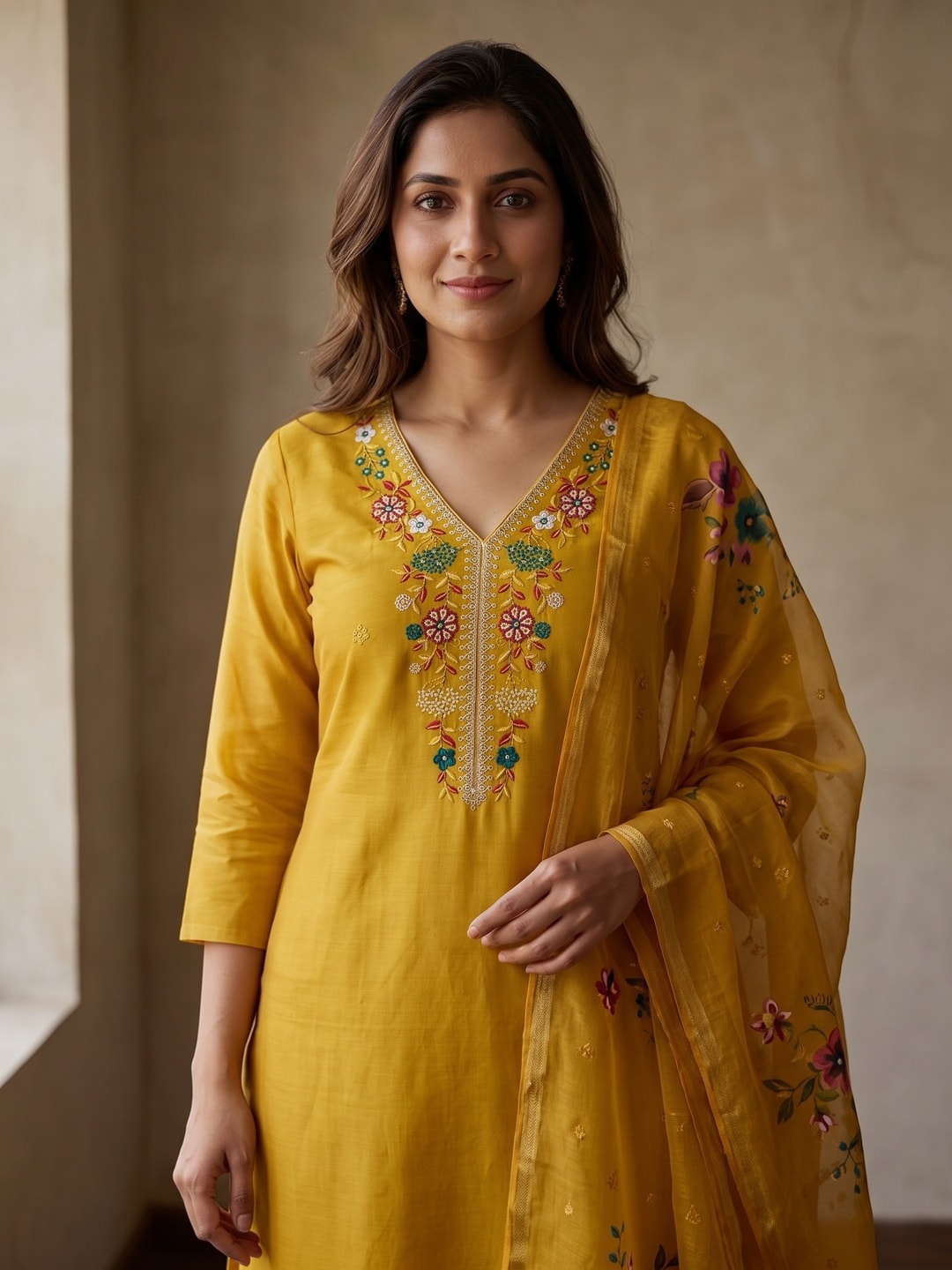 Peachmode Yellow Floral Embroidered Chanderi Silk Dress Material - Image 3