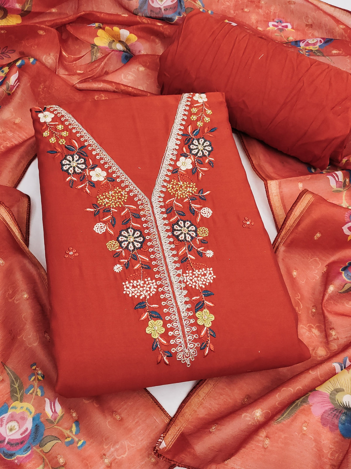 Peachmode Rust Floral Embroidered Chanderi Silk Dress Material - Image 1