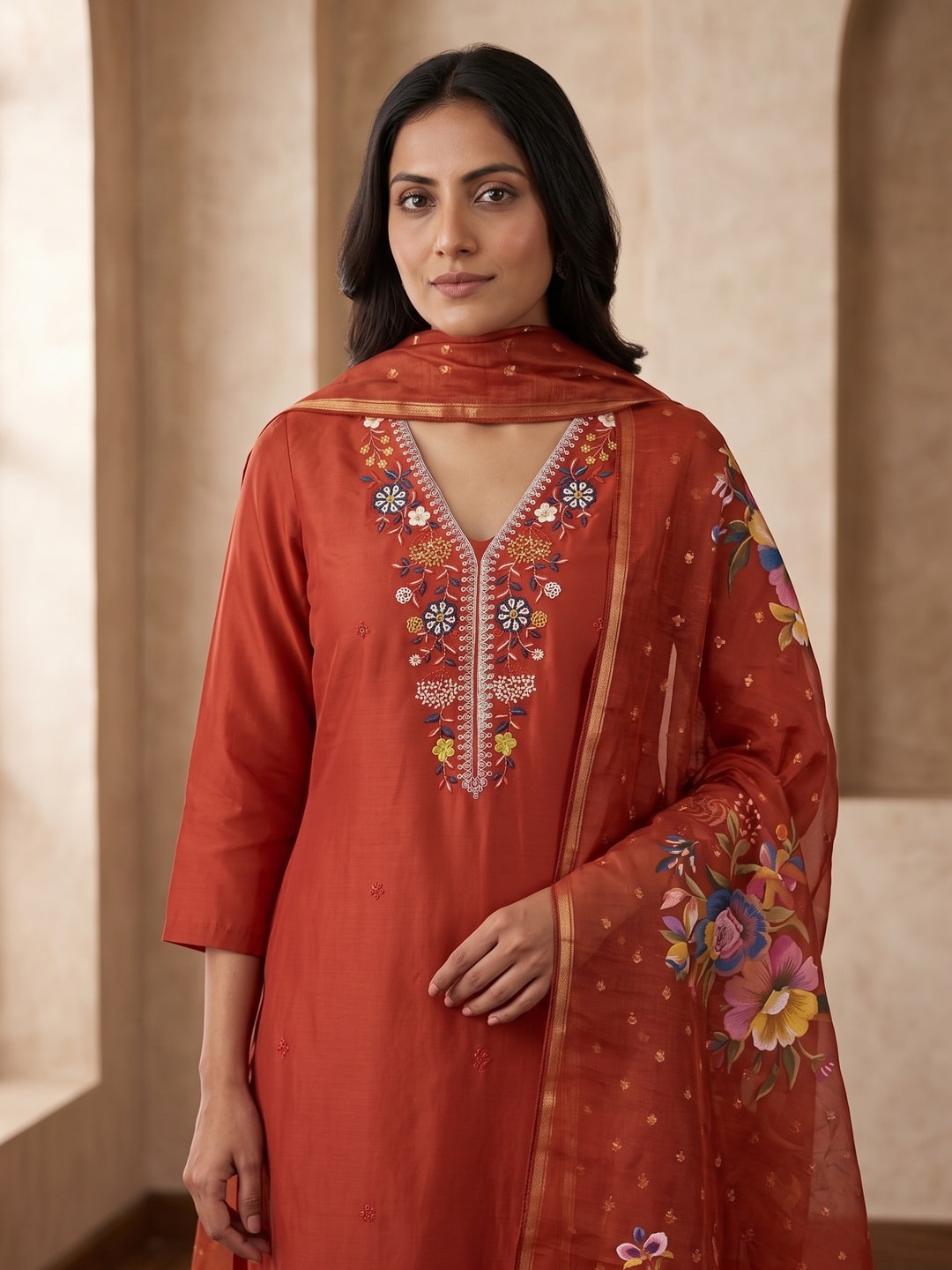 Peachmode Rust Floral Embroidered Chanderi Silk Dress Material - Image 3