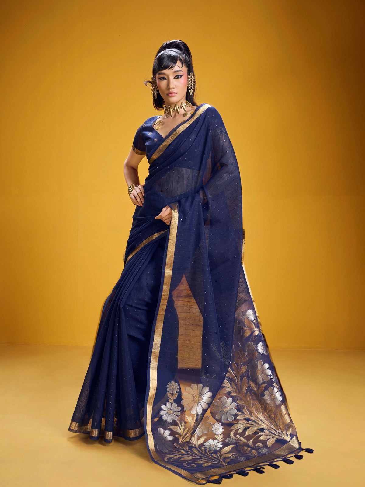 Peachmode Navy Blue Pure Munga Silk Handloom Woven Saree - Image 1