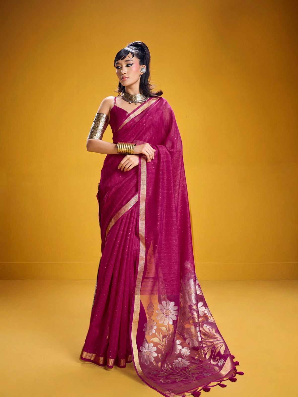 Peachmode Magenta Pure Munga Silk Handloom Woven Saree - Image 1