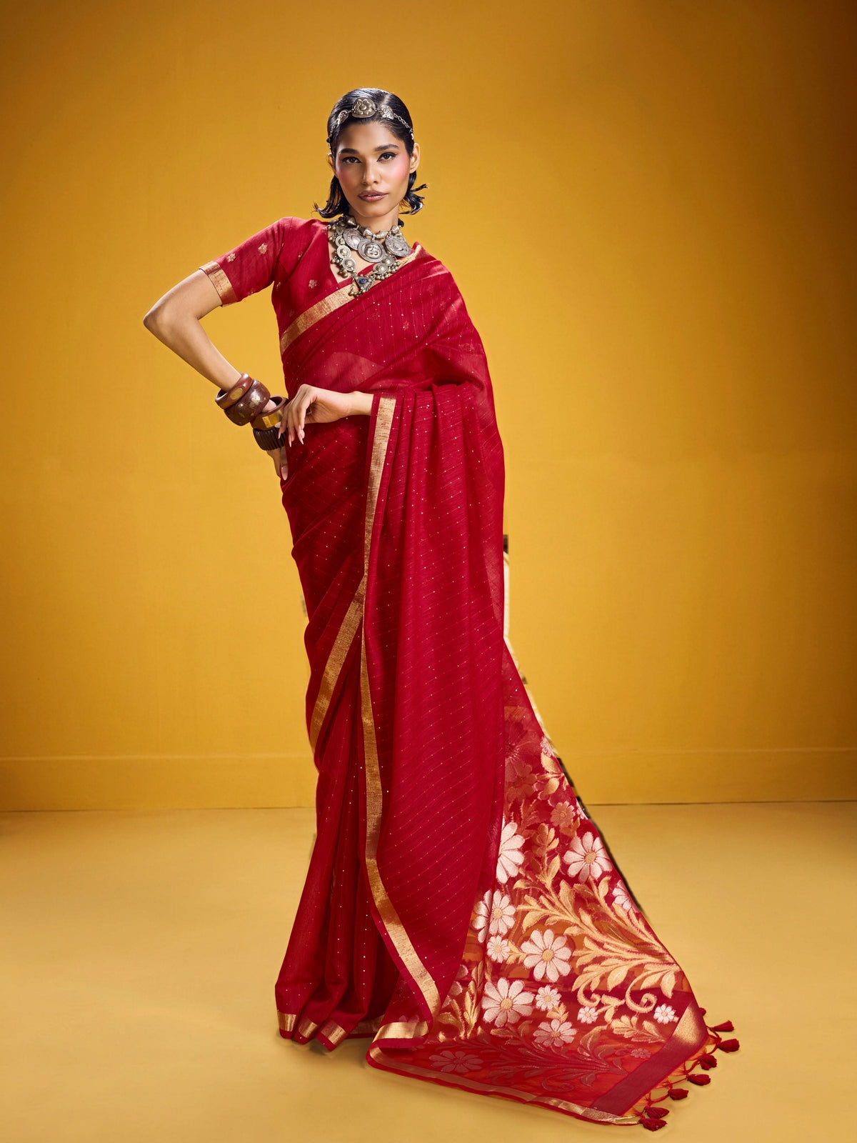 Peachmode Red Pure Munga Silk Handloom Woven Saree - Image 1