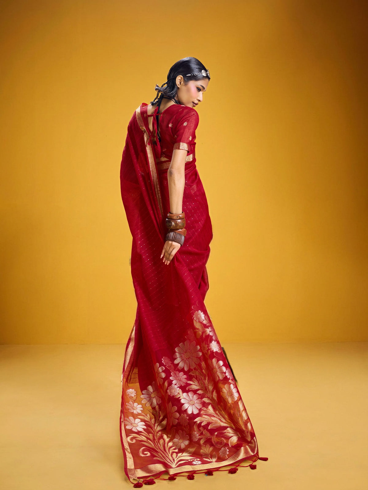 Peachmode Red Pure Munga Silk Handloom Woven Saree - Image 2