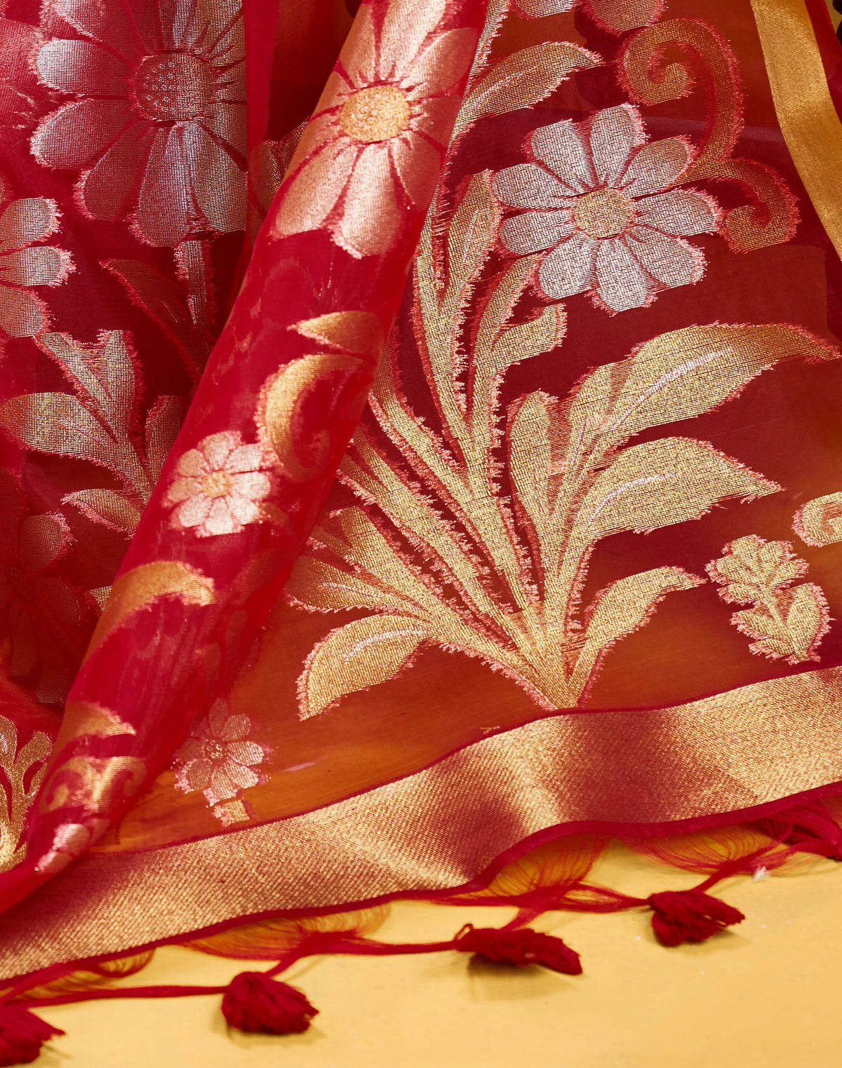 Peachmode Red Pure Munga Silk Handloom Woven Saree - Image 4
