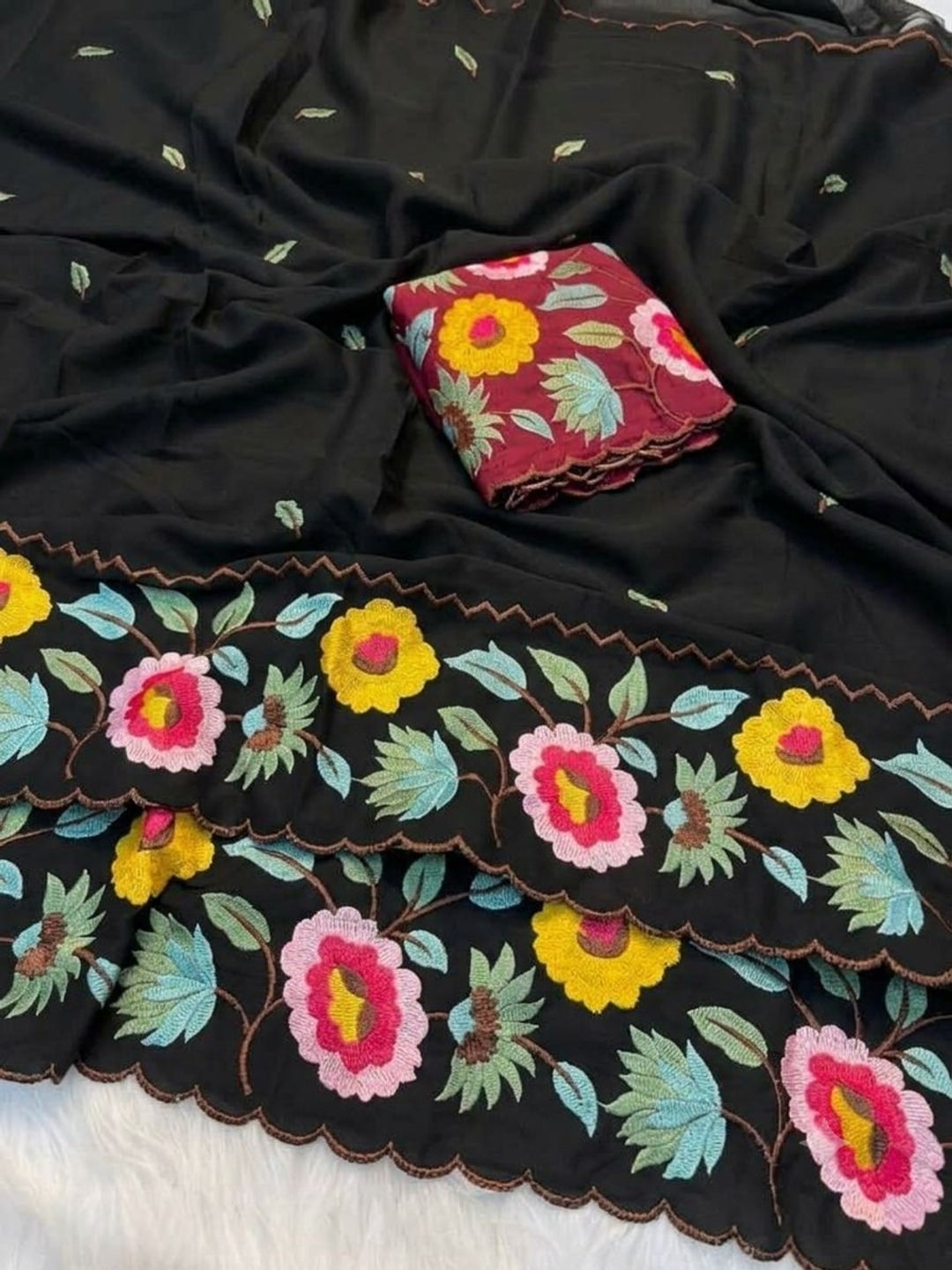 Peachmode Black Floral Embroidered Georgette Saree - Image 1