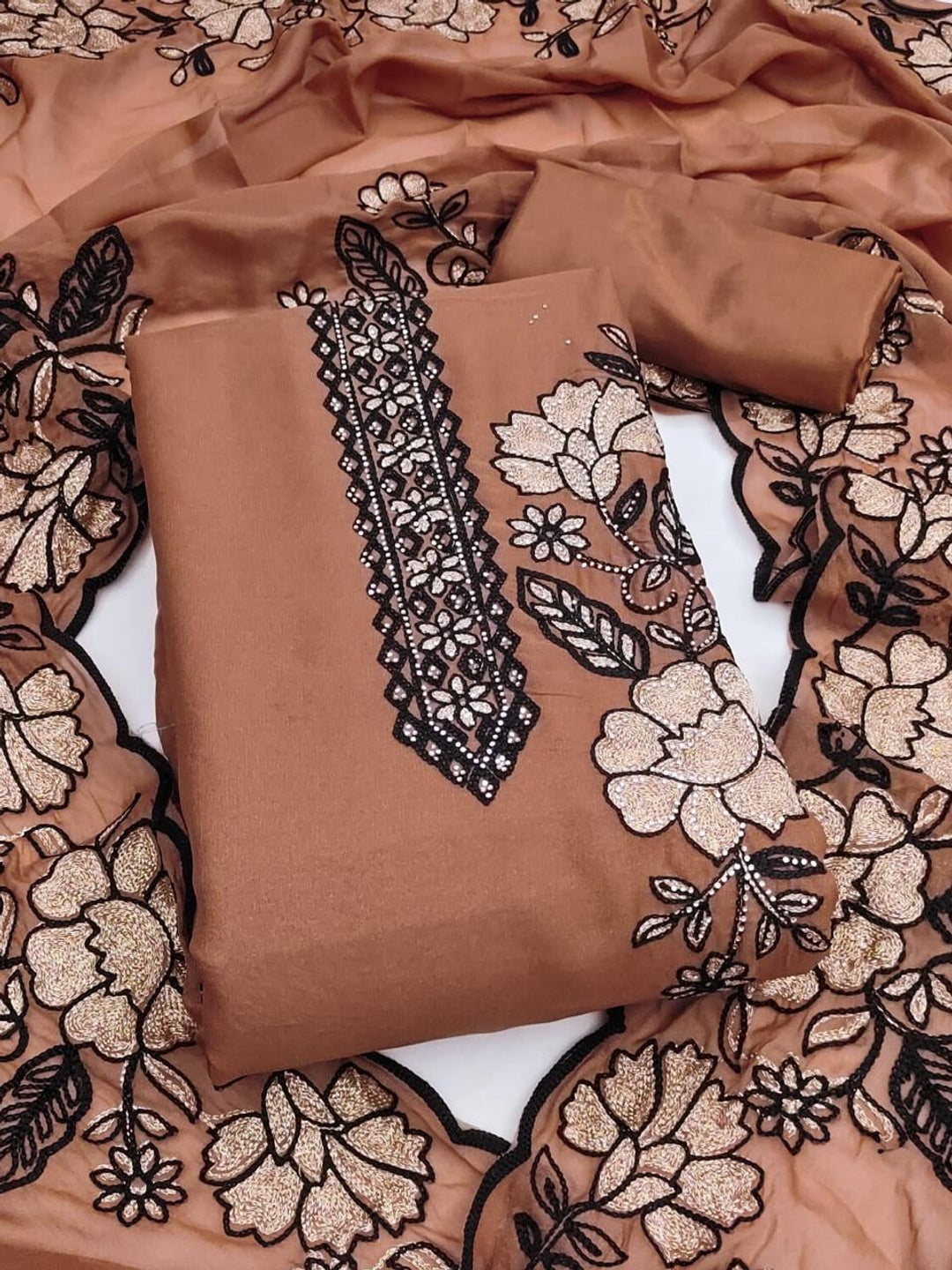 Peachmode Brown Floral Embroidered Georgette Dress Material - Image 1