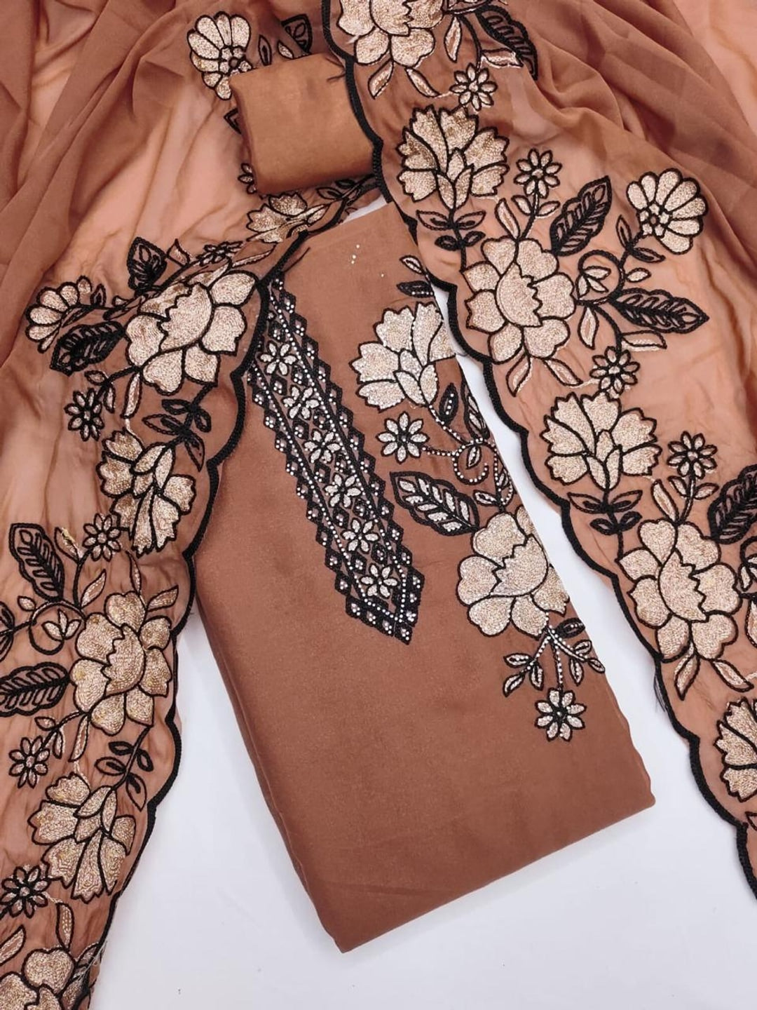 Peachmode Brown Floral Embroidered Georgette Dress Material - Image 5