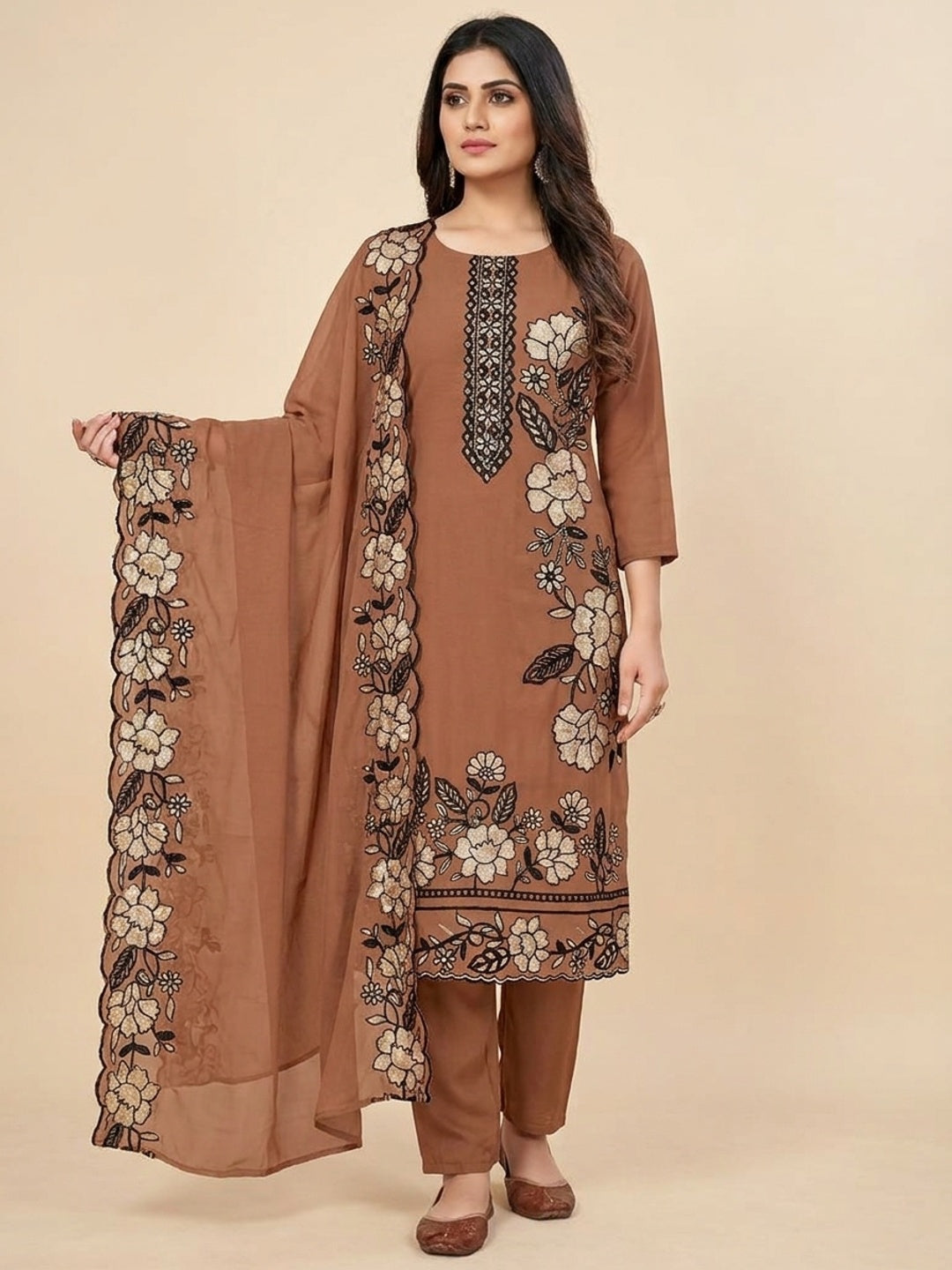 Peachmode Brown Floral Embroidered Georgette Dress Material - Image 2