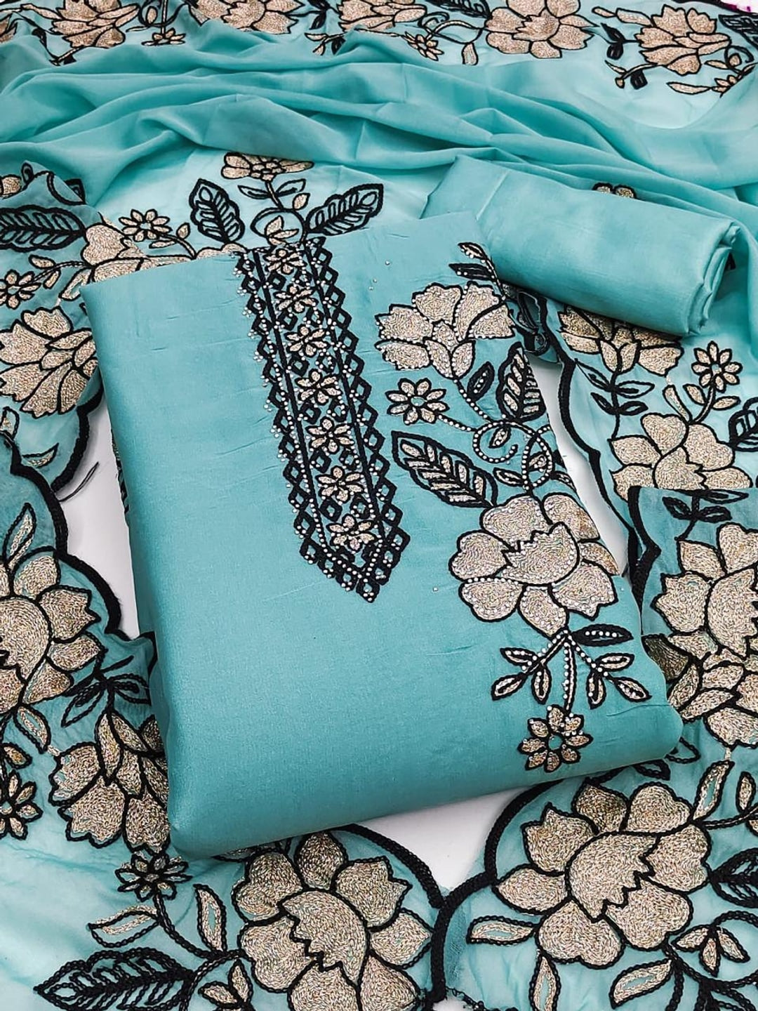 Peachmode Turquoise Floral Embroidered Georgette Dress Material - Image 1