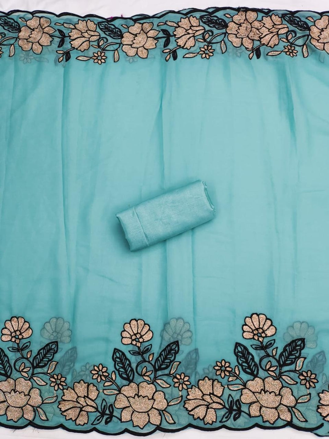 Peachmode Turquoise Floral Embroidered Georgette Dress Material - Image 4