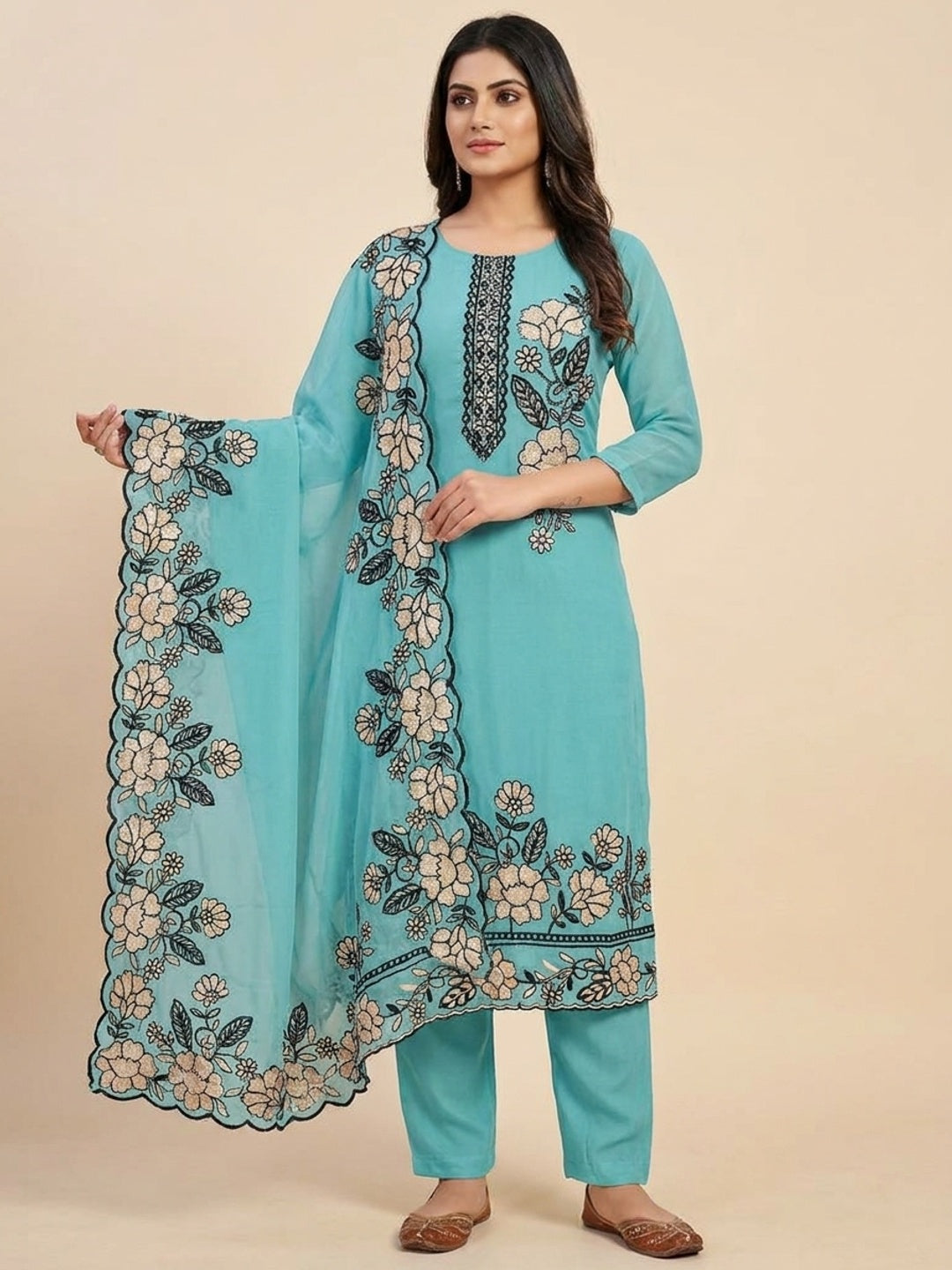 Peachmode Turquoise Floral Embroidered Georgette Dress Material - Image 2