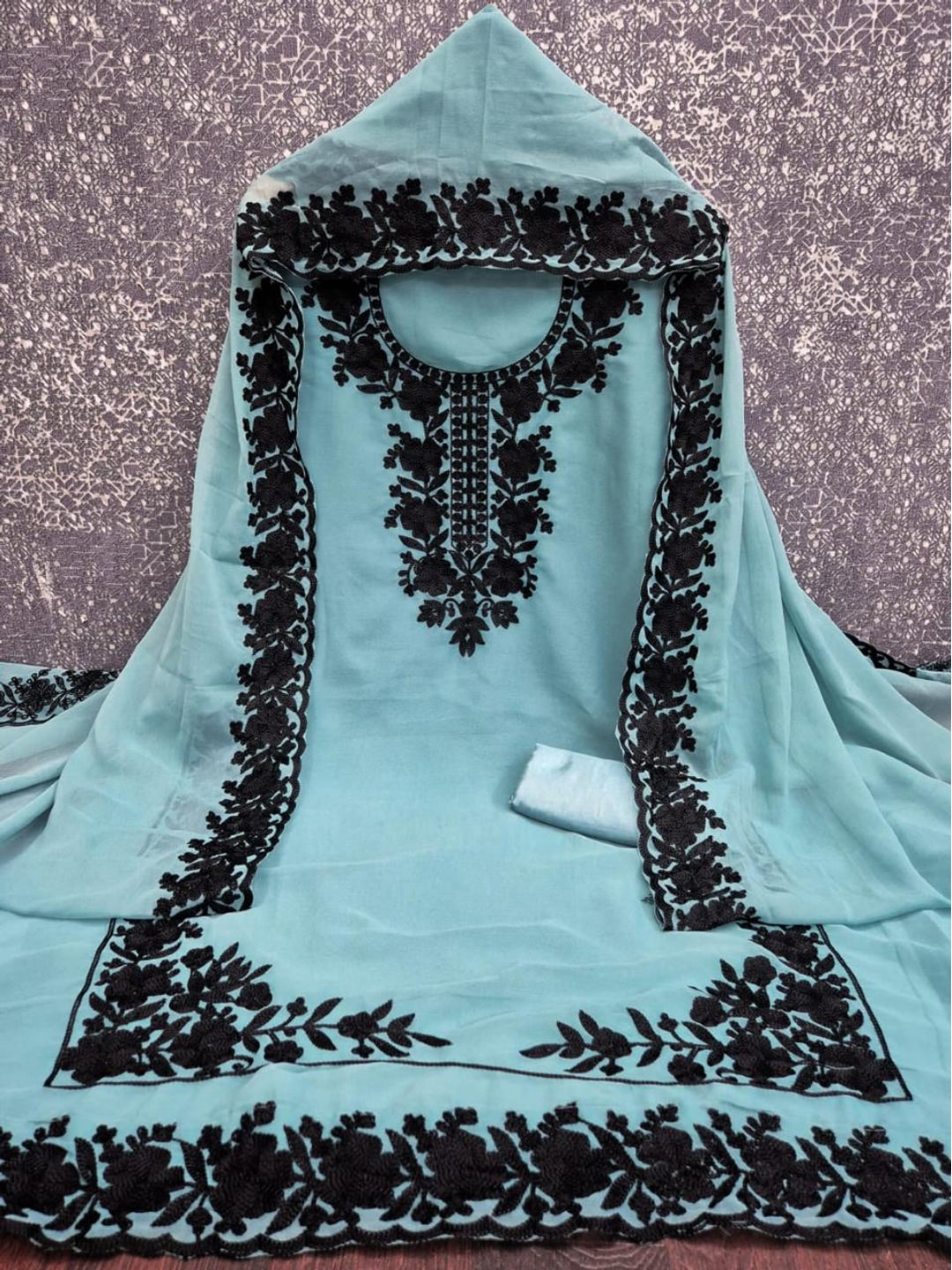 Peachmode Blue Thread Embroidered Georgette Dress Material - Image 3