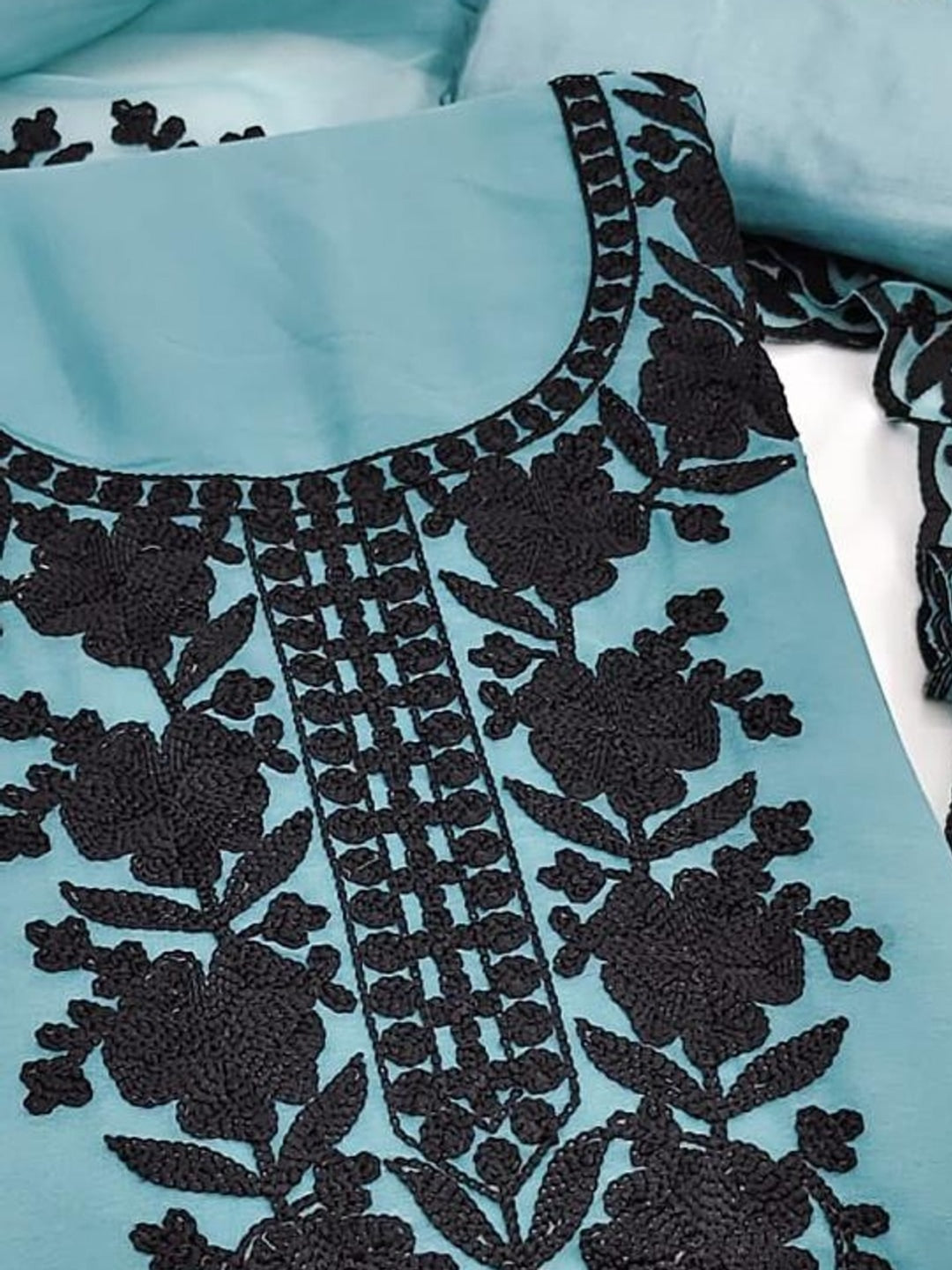Peachmode Blue Thread Embroidered Georgette Dress Material - Image 5