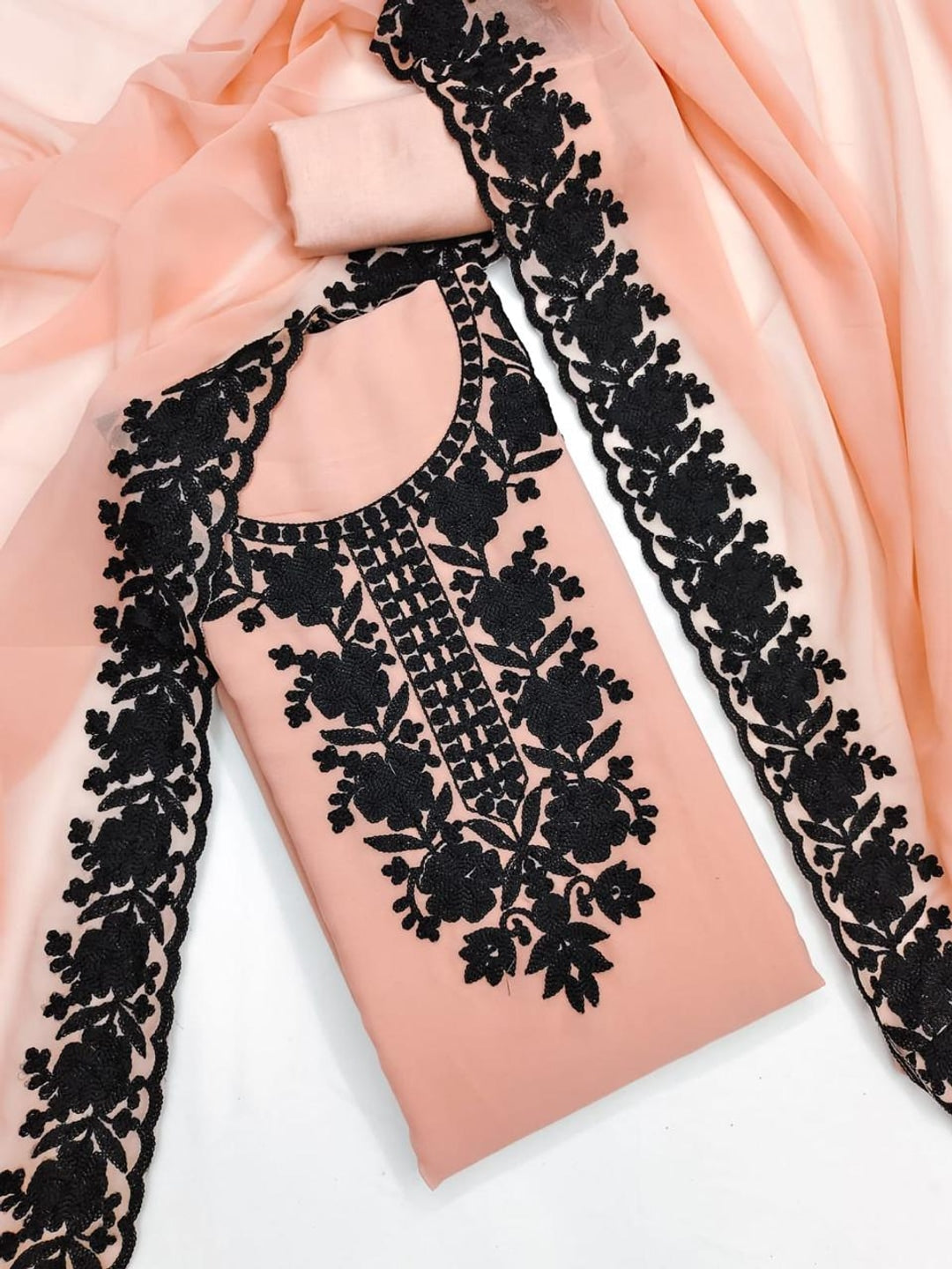 Peachmode Peach Thread Embroidered Georgette Dress Material - Image 4