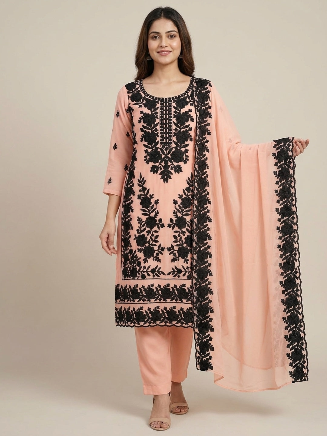 Peachmode Peach Thread Embroidered Georgette Dress Material - Image 2