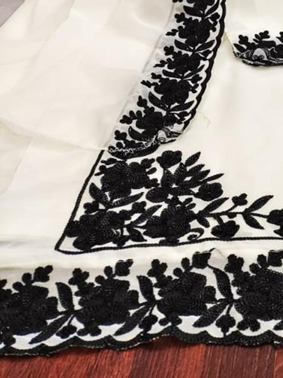 Peachmode White & Black Thread Embroidered Georgette Dress Material - Image 5