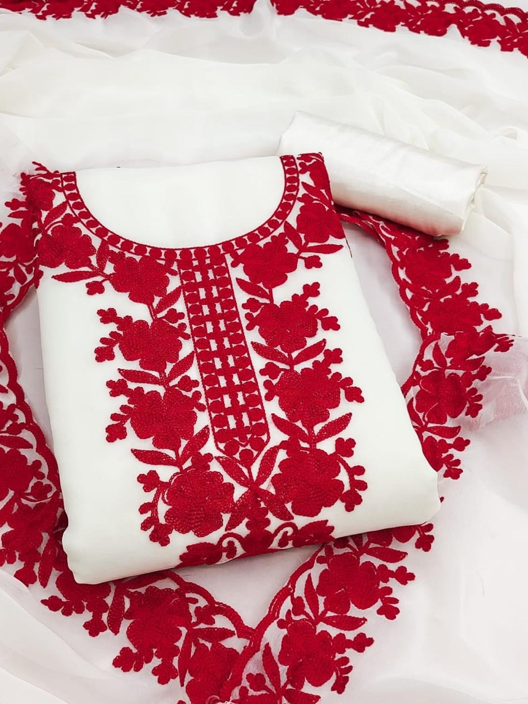 Peachmode White & Red Thread Embroidered Georgette Dress Material - Image 1