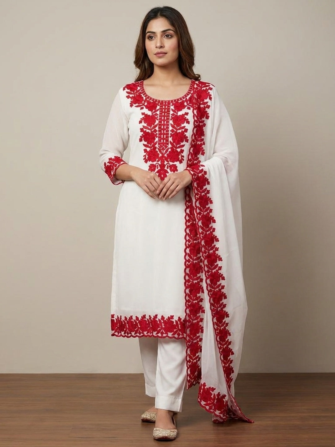 Peachmode White & Red Thread Embroidered Georgette Dress Material - Image 2