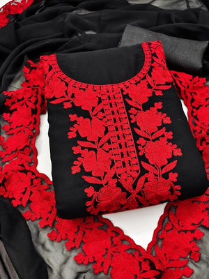 Peachmode Black & Red Thread Embroidered Georgette Dress Material - Image 1