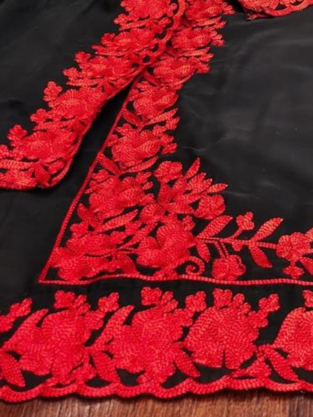 Peachmode Black & Red Thread Embroidered Georgette Dress Material - Image 5